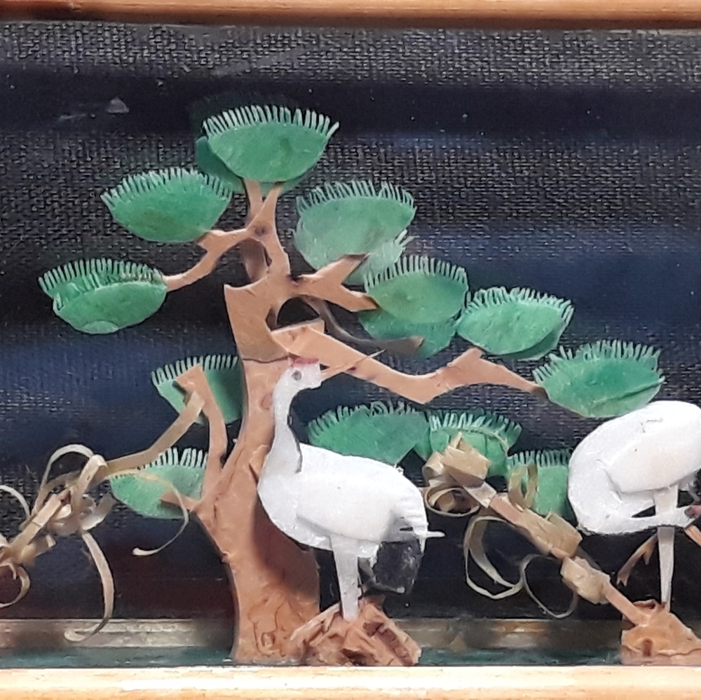 Vintage Miniature Chinese 3D Cranes Landscape Glass Bamboo Diorama Display - Picture 2 of 12